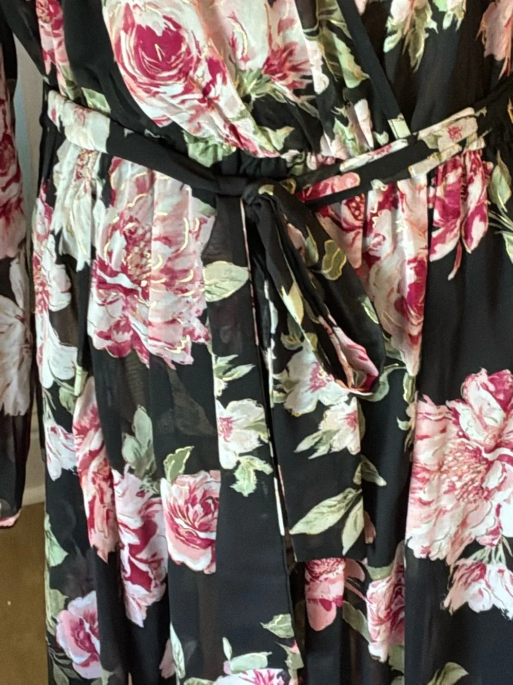 Alexa B Black black Floral Belted Maxi Dress wedding guest plus bell sleeve 16W